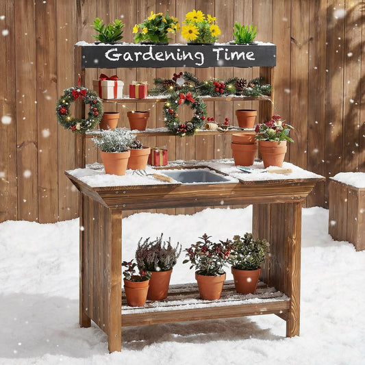Wooden Potting Bench Table, Outdoor Mud Kitchen, Natural Play Kitchen Sets Natural at Gallery Canada