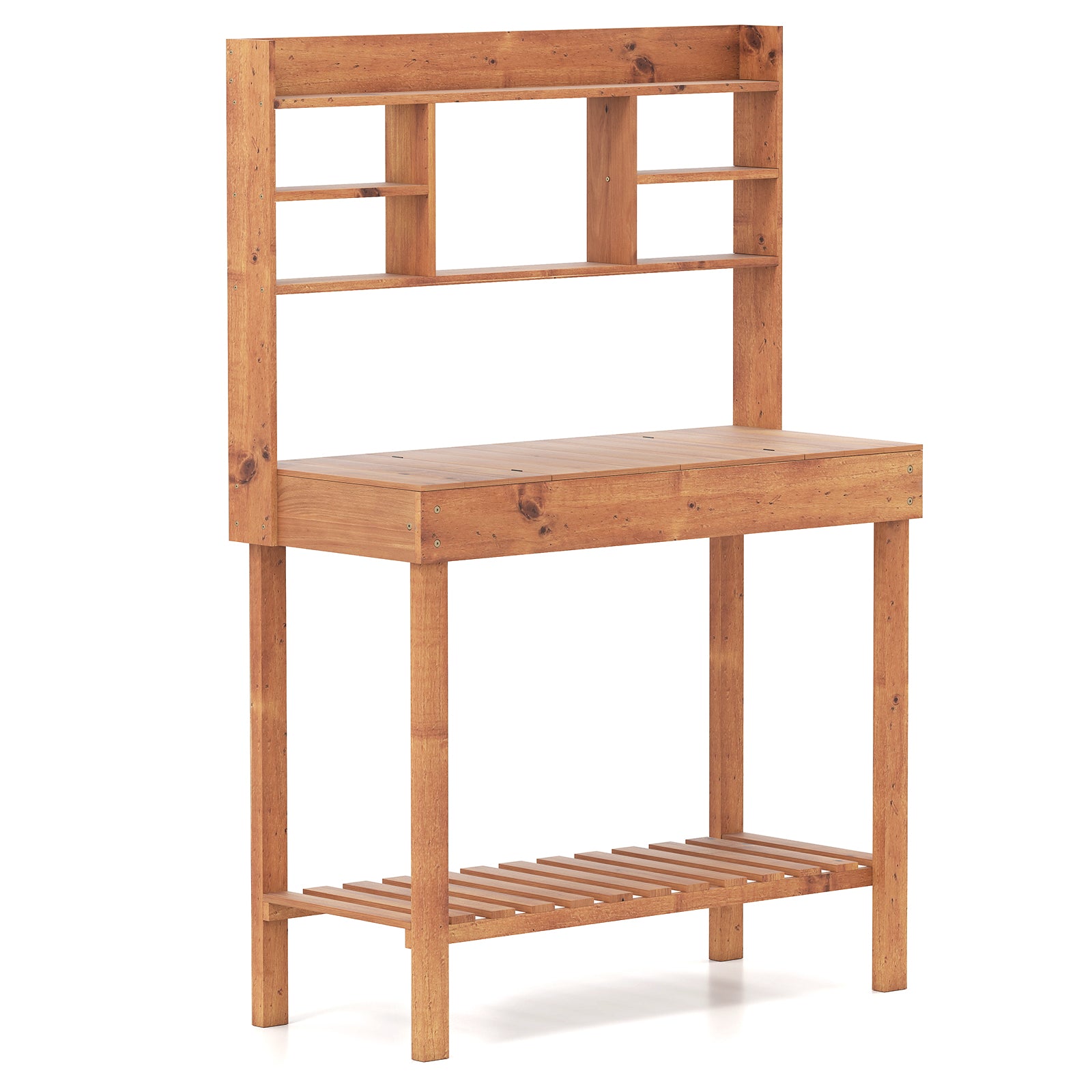 Wooden Potting Bench Table Garden Planting Workstation with 3-Tier Open Shelf, Brown Potting Benches & Tables Brown at Gallery Canada