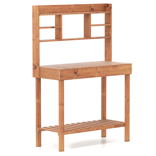 Wooden Potting Bench Table Garden Planting Workstation with 3-Tier Open Shelf, Brown Potting Benches & Tables Brown at Gallery Canada