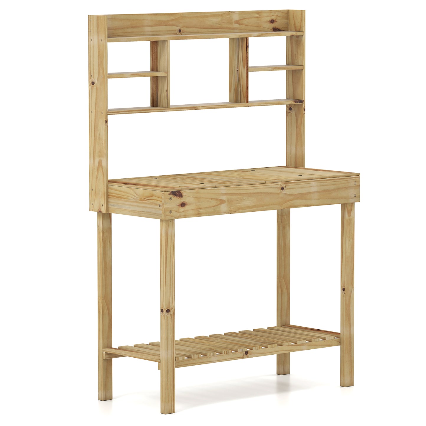 Wooden Potting Bench Table Garden Planting Workstation with 3-Tier Open Shelf, Natural Potting Benches & Tables Natural at Gallery Canada