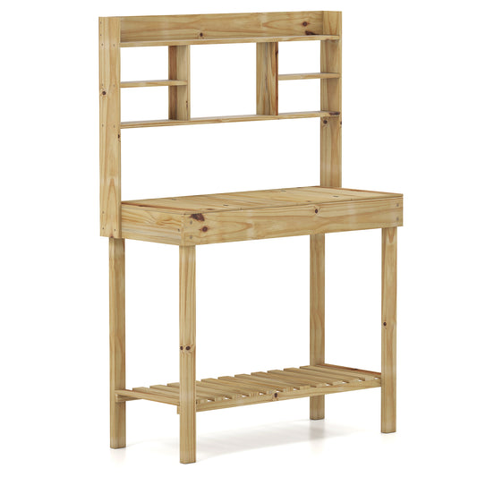 Wooden Potting Bench Table Garden Planting Workstation with 3-Tier Open Shelf, Natural Potting Benches & Tables Natural at Gallery Canada