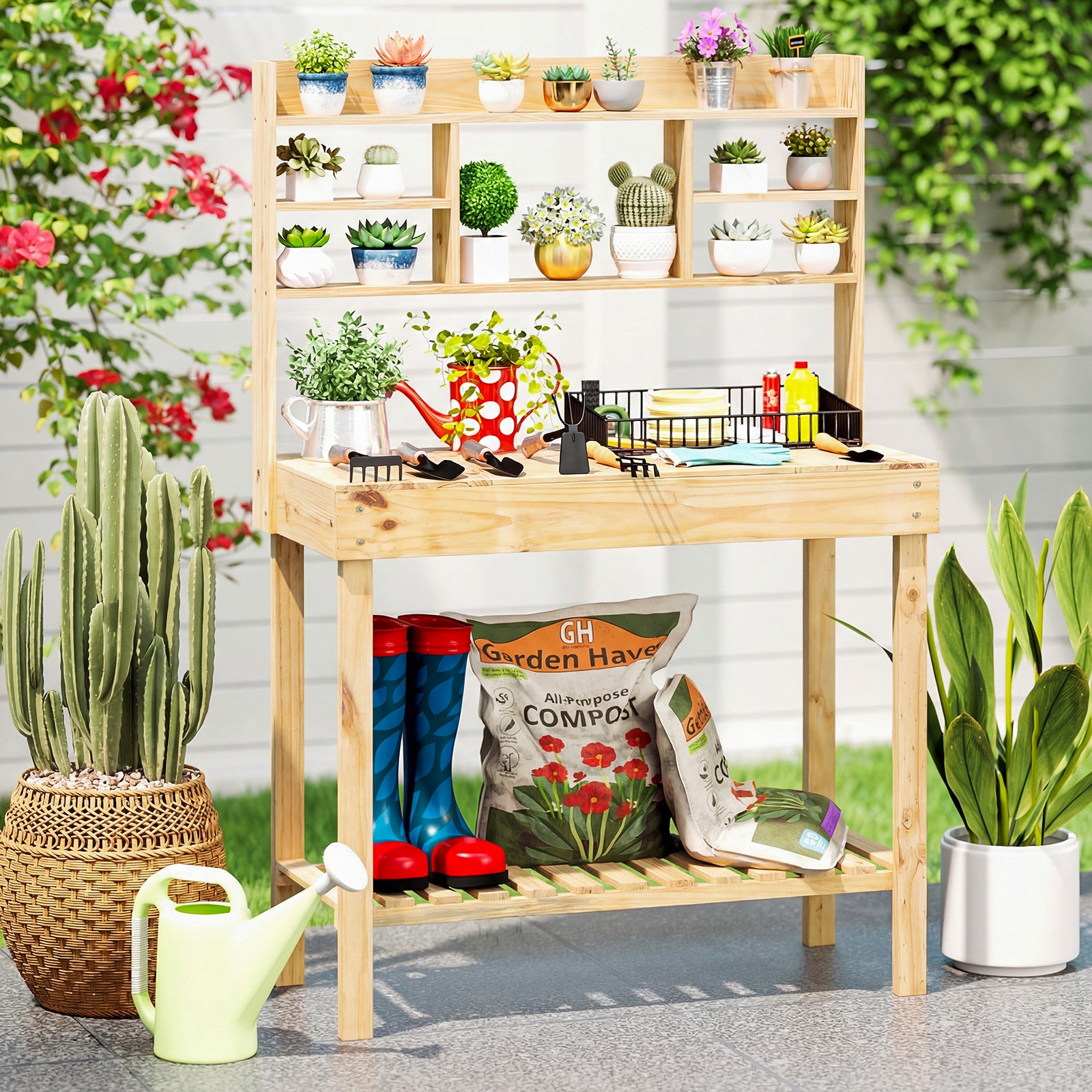 Wooden Potting Bench Table Garden Planting Workstation with 3-Tier Open Shelf, Natural Potting Benches & Tables at Gallery Canada