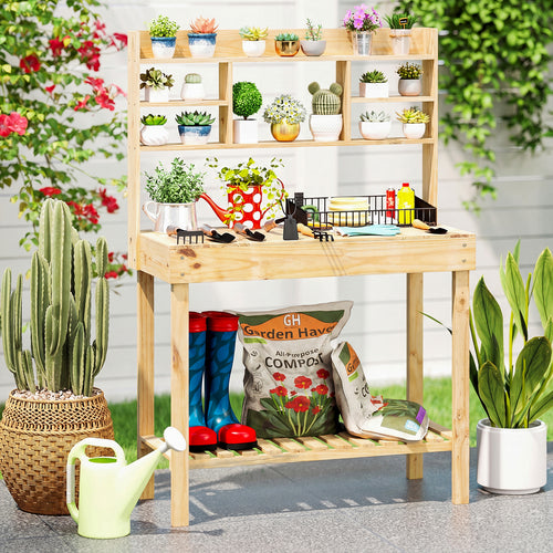 Wooden Potting Bench Table Garden Planting Workstation with 3-Tier Open Shelf, Natural