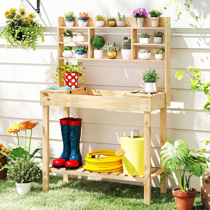 Wooden Potting Bench Table Garden Planting Workstation with 3-Tier Open Shelf, Natural Potting Benches & Tables at Gallery Canada
