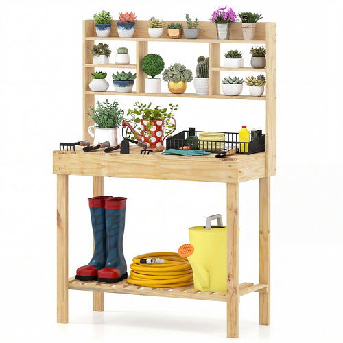 Wooden Potting Bench Table Garden Planting Workstation with 3-Tier Open Shelf, Natural