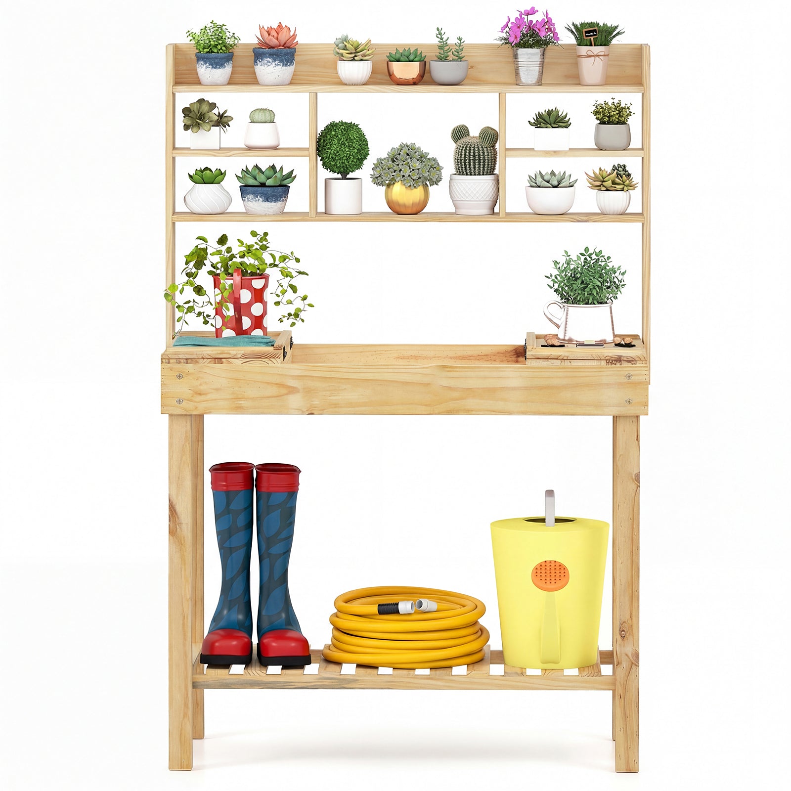 Wooden Potting Bench Table Garden Planting Workstation with 3-Tier Open Shelf, Natural Potting Benches & Tables at Gallery Canada