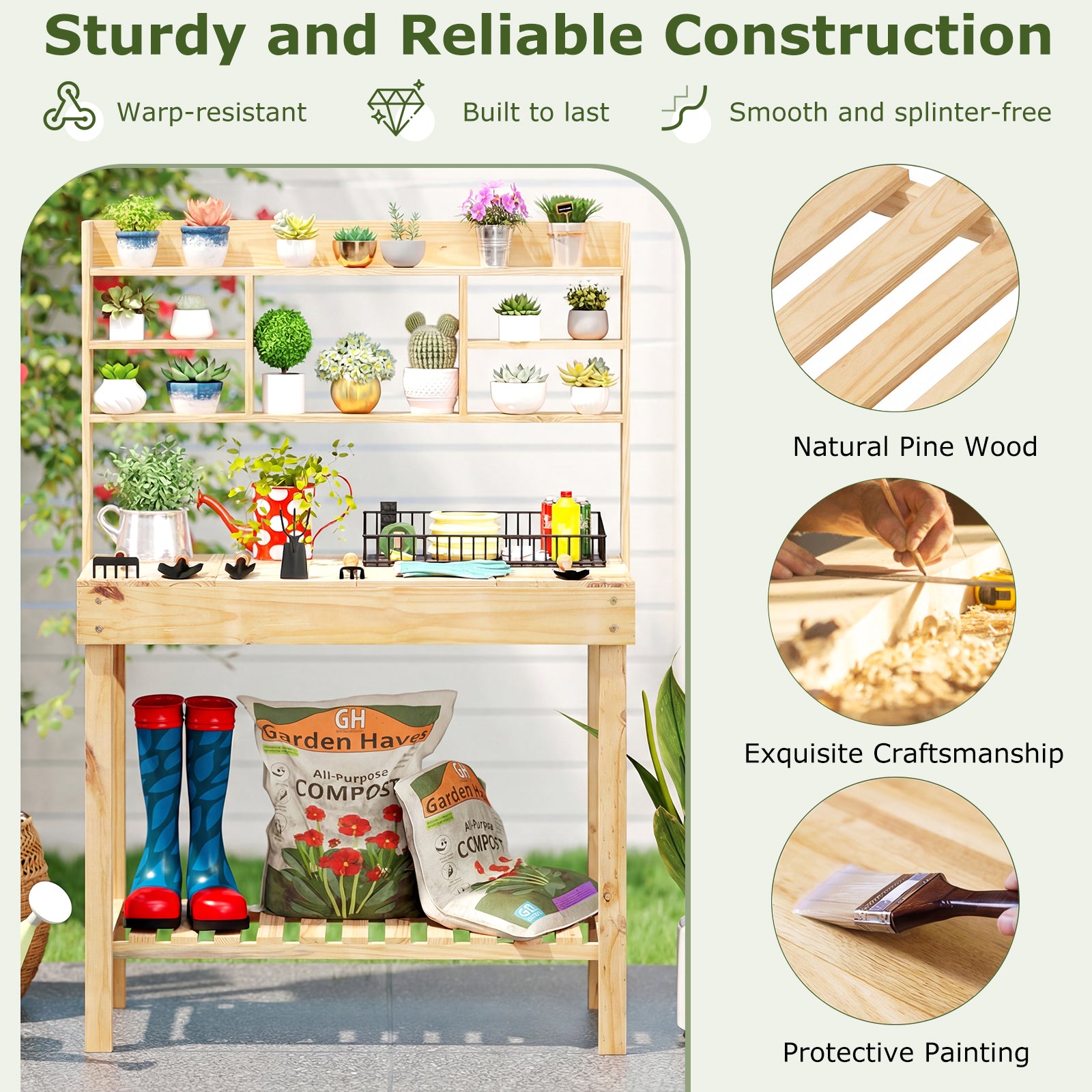 Wooden Potting Bench Table Garden Planting Workstation with 3-Tier Open Shelf, Natural Potting Benches & Tables at Gallery Canada