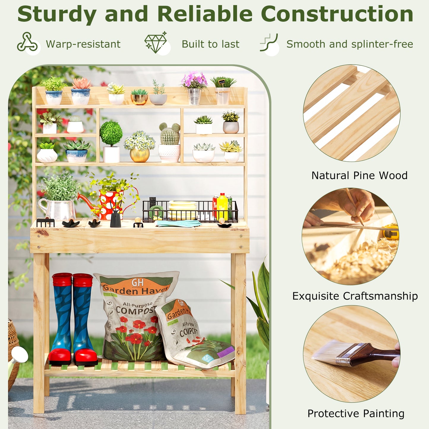 Wooden Potting Bench Table Garden Planting Workstation with 3-Tier Open Shelf, Natural Potting Benches & Tables at Gallery Canada