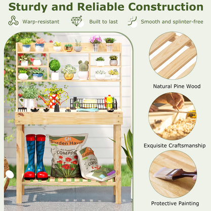 Wooden Potting Bench Table Garden Planting Workstation with 3-Tier Open Shelf, Natural Potting Benches & Tables at Gallery Canada