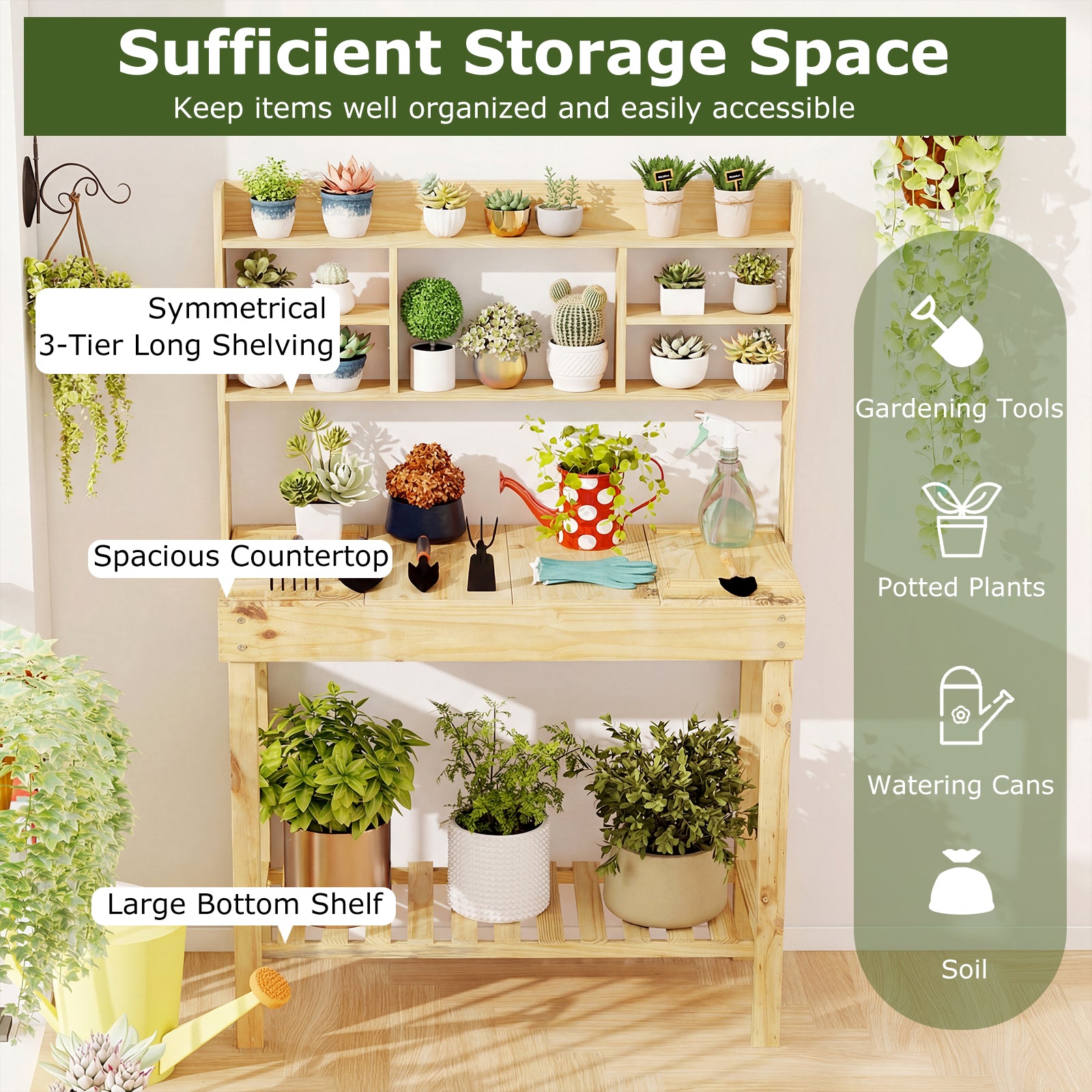 Wooden Potting Bench Table Garden Planting Workstation with 3-Tier Open Shelf, Natural Potting Benches & Tables at Gallery Canada