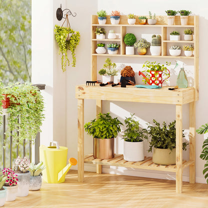 Wooden Potting Bench Table Garden Planting Workstation with 3-Tier Open Shelf, Natural Potting Benches & Tables at Gallery Canada
