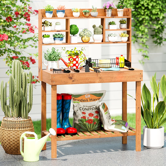 Wooden Potting Bench Table Garden Planting Workstation with 3-Tier Open Shelf, Brown Potting Benches & Tables Brown at Gallery Canada