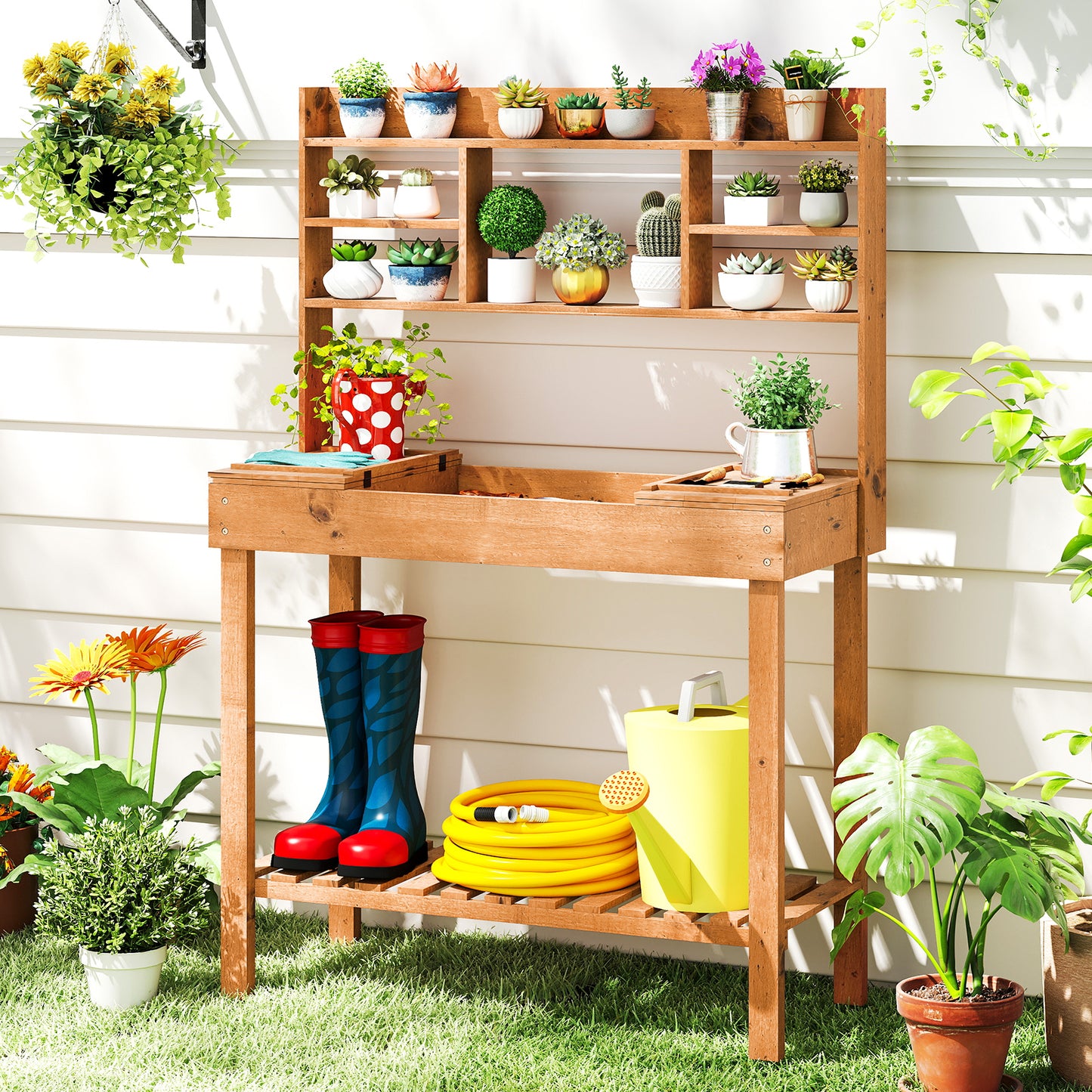 Wooden Potting Bench Table Garden Planting Workstation with 3-Tier Open Shelf, Brown Potting Benches & Tables at Gallery Canada