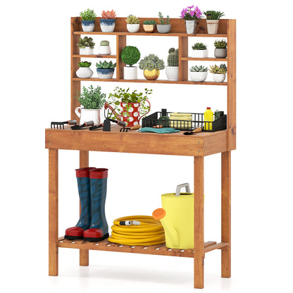 Wooden Potting Bench Table Garden Planting Workstation with 3-Tier Open Shelf, Brown Potting Benches & Tables at Gallery Canada