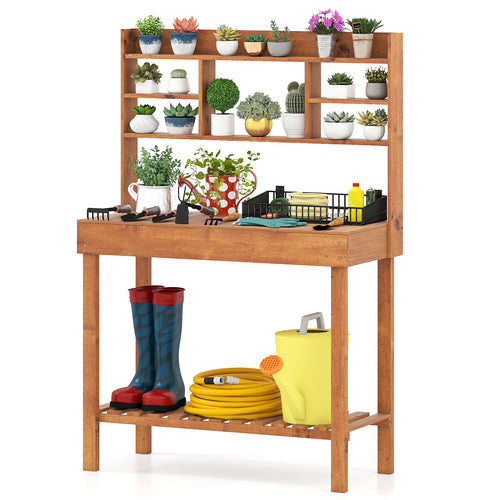 Wooden Potting Bench Table Garden Planting Workstation with 3-Tier Open Shelf, Brown
