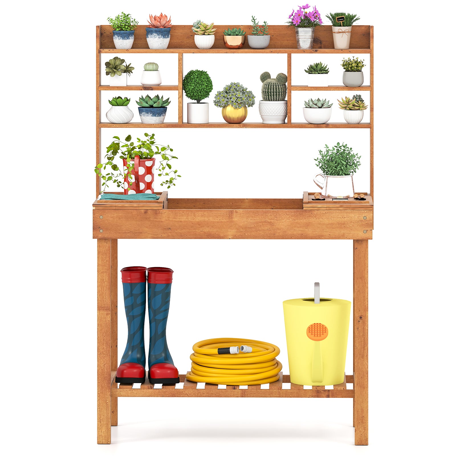 Wooden Potting Bench Table Garden Planting Workstation with 3-Tier Open Shelf, Brown Potting Benches & Tables at Gallery Canada