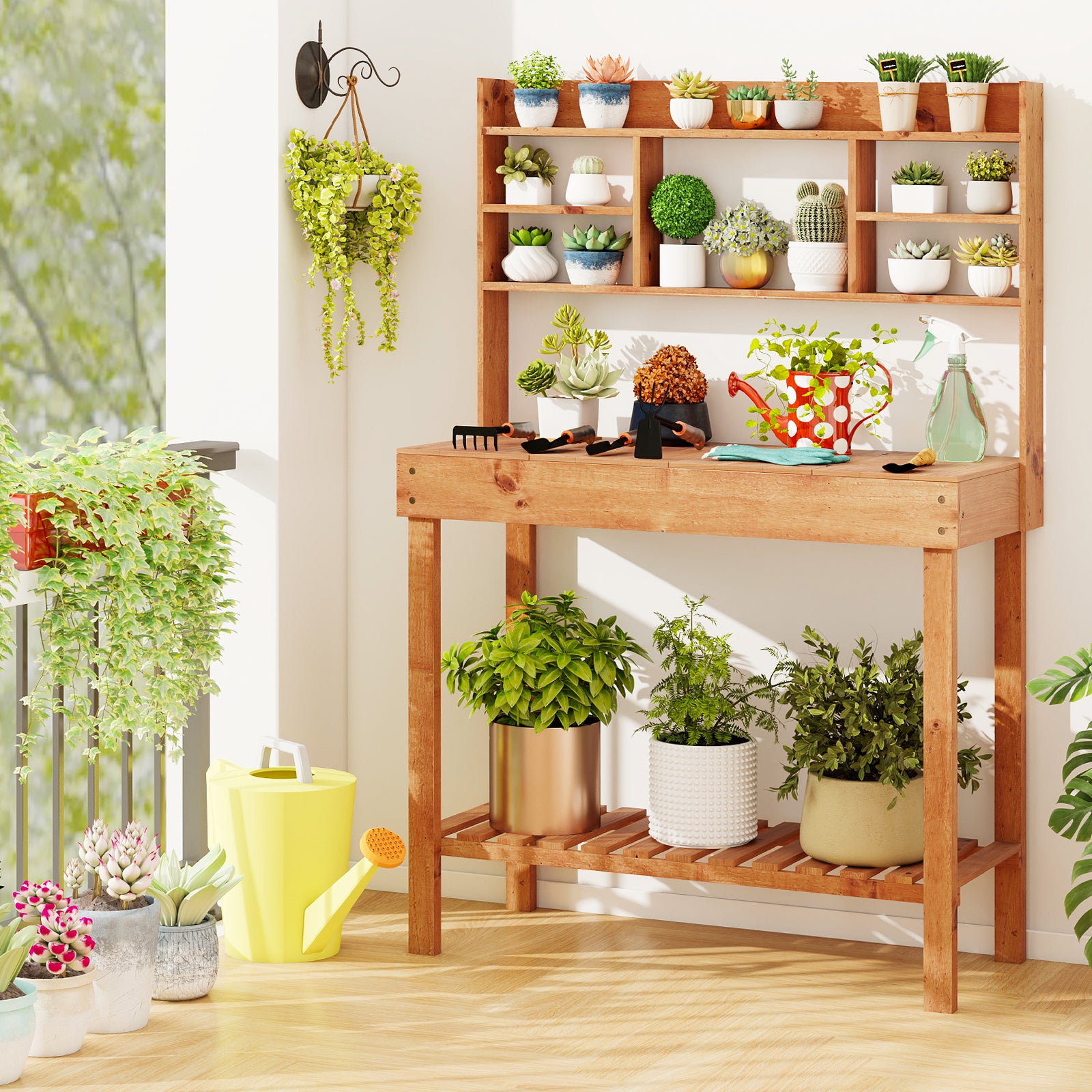 Wooden Potting Bench Table Garden Planting Workstation with 3-Tier Open Shelf, Brown Potting Benches & Tables at Gallery Canada