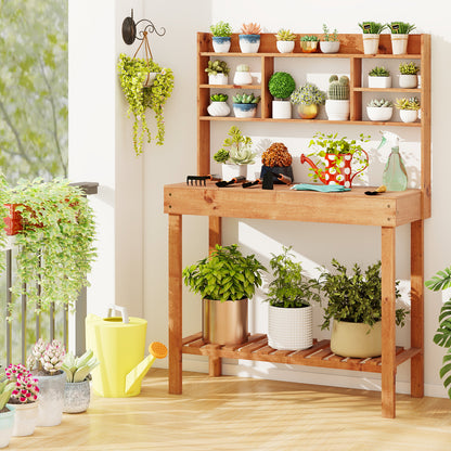 Wooden Potting Bench Table Garden Planting Workstation with 3-Tier Open Shelf, Brown Potting Benches & Tables at Gallery Canada