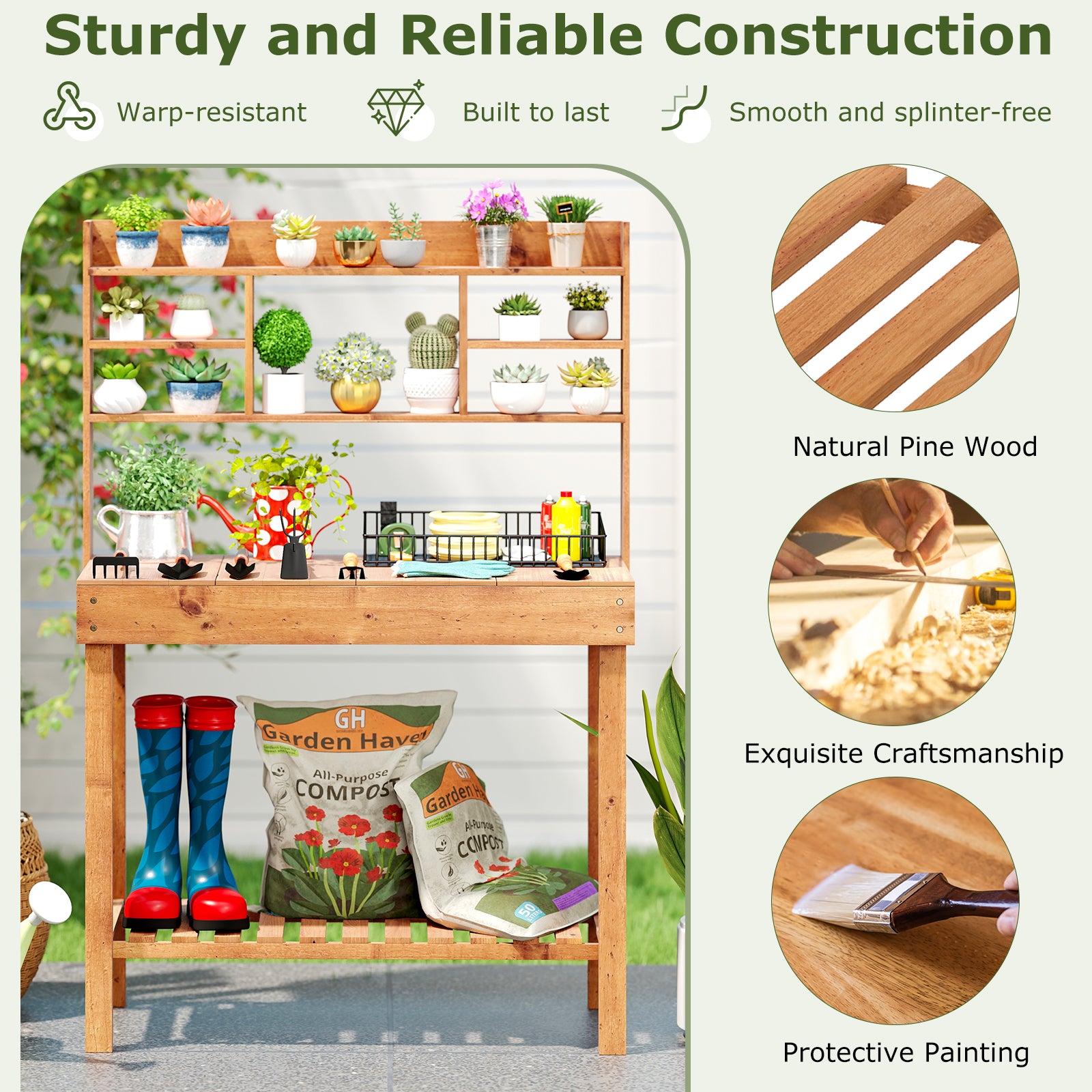 Wooden Potting Bench Table Garden Planting Workstation with 3-Tier Open Shelf, Brown Potting Benches & Tables at Gallery Canada
