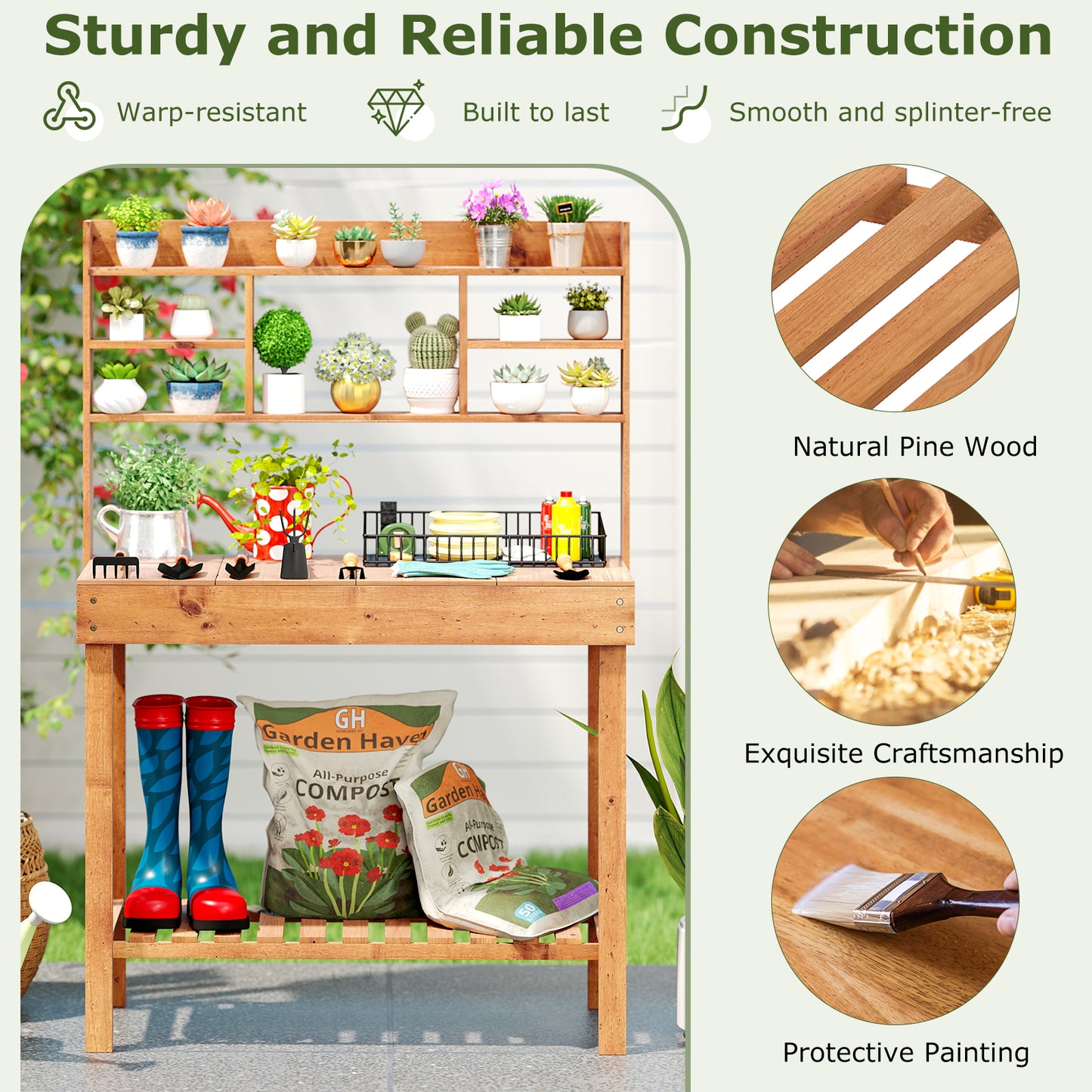 Wooden Potting Bench Table Garden Planting Workstation with 3-Tier Open Shelf, Brown Potting Benches & Tables at Gallery Canada