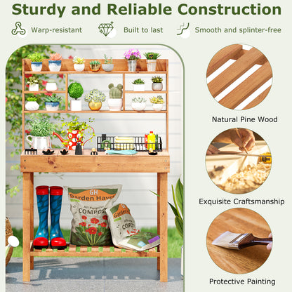 Wooden Potting Bench Table Garden Planting Workstation with 3-Tier Open Shelf, Brown Potting Benches & Tables at Gallery Canada