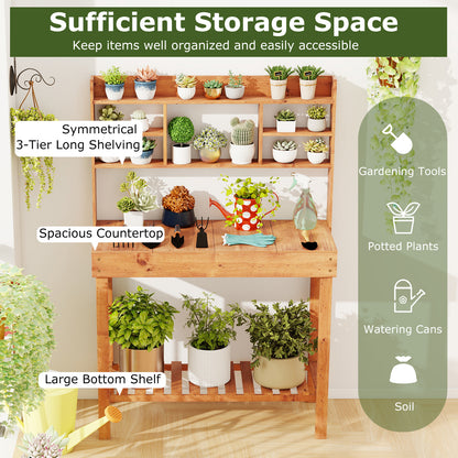 Wooden Potting Bench Table Garden Planting Workstation with 3-Tier Open Shelf, Brown Potting Benches & Tables at Gallery Canada