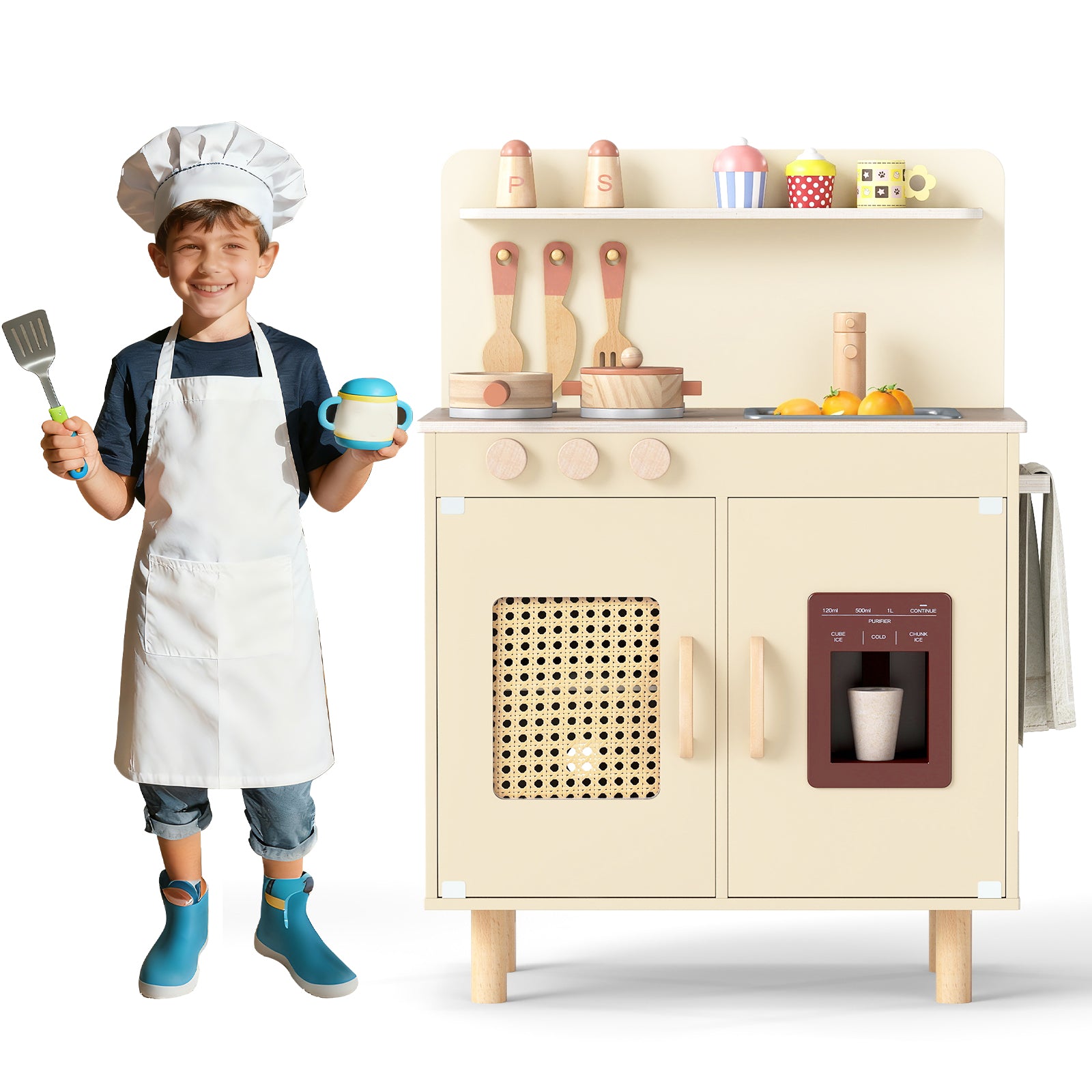 Wooden Pretend Kitchen Playset, With Ice Maker, Yellow Play Kitchen Sets at Gallery Canada