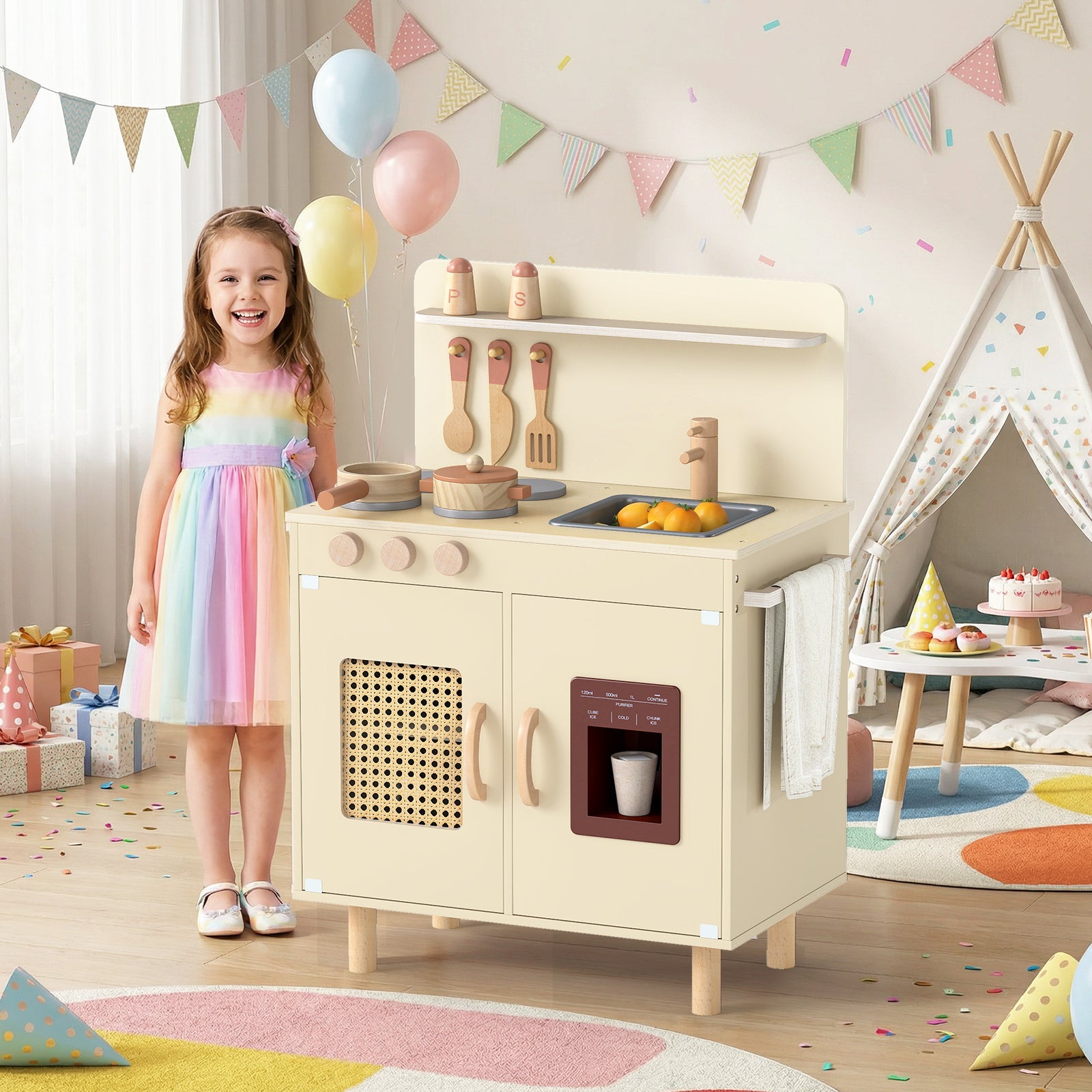 Wooden Pretend Kitchen Playset, With Ice Maker, Yellow Play Kitchen Sets at Gallery Canada