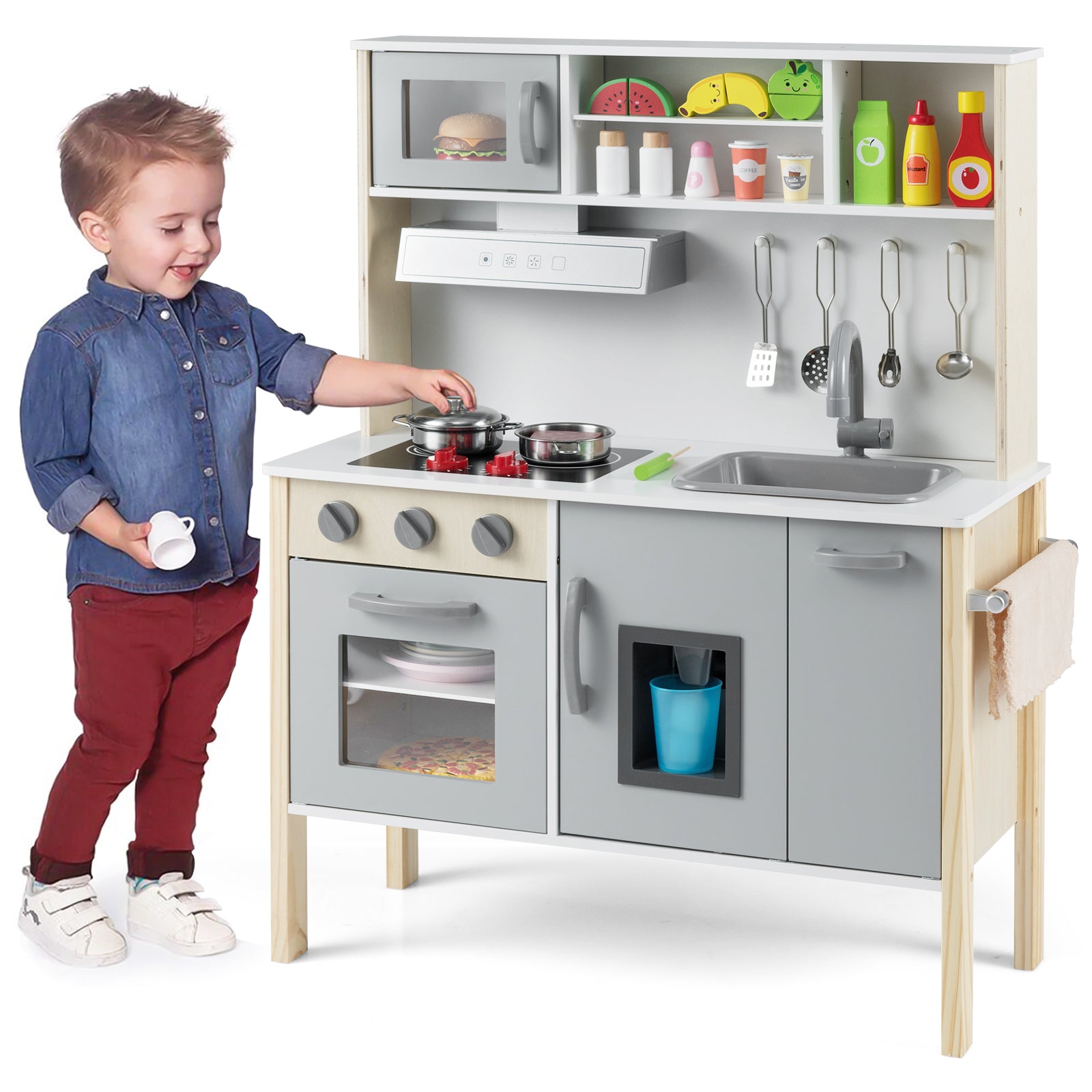Wooden Pretend Play Kitchen Set for Toddlers, Gray Play Kitchen Sets at Gallery Canada