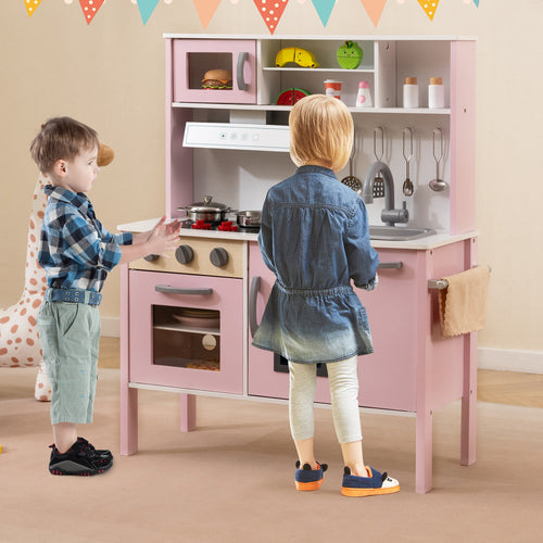 Wooden Pretend Play Kitchen Set for Toddlers-White and Pink, White & Pink