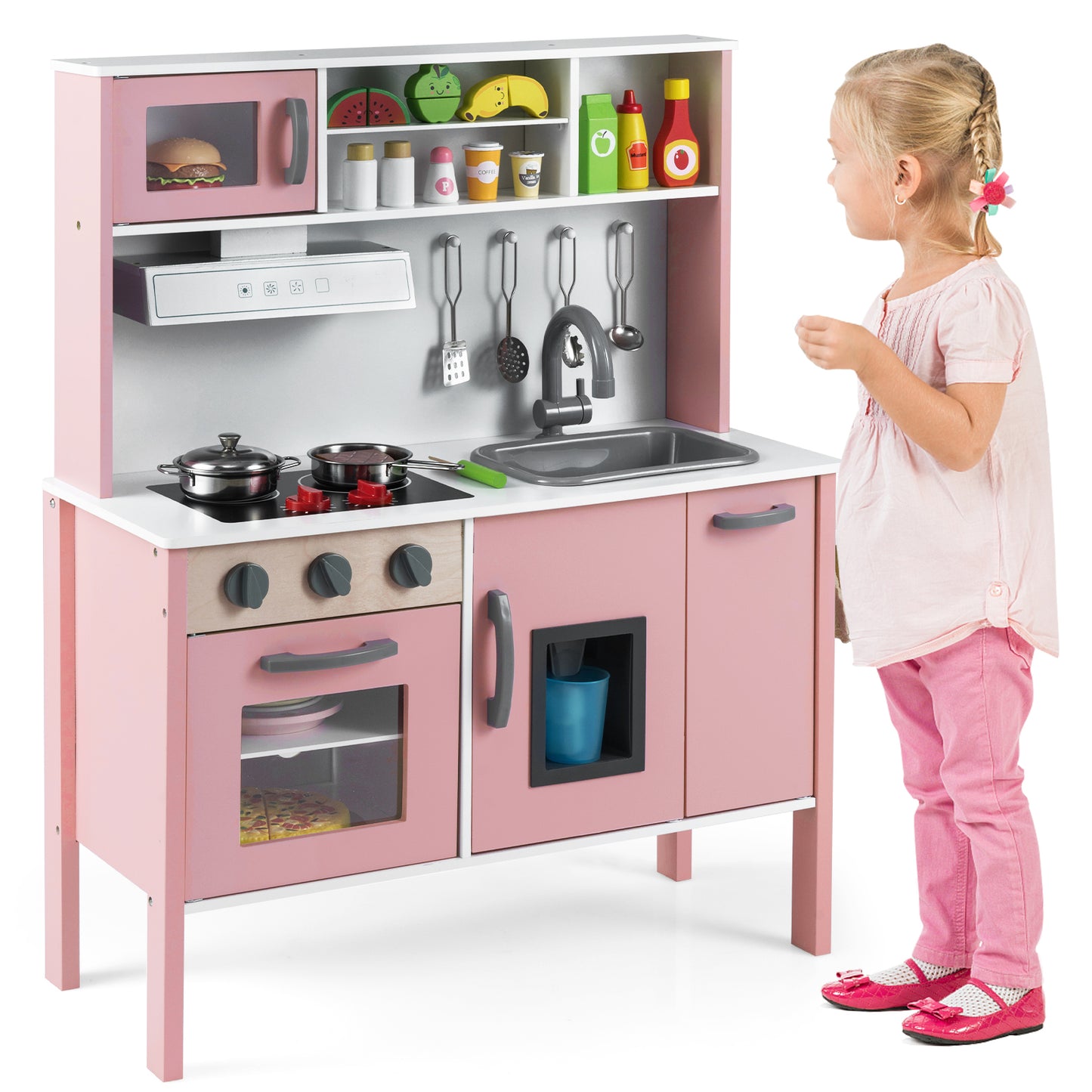 Wooden Pretend Play Kitchen Set for Toddlers-White and Pink, White & Pink Play Kitchen Sets at Gallery Canada