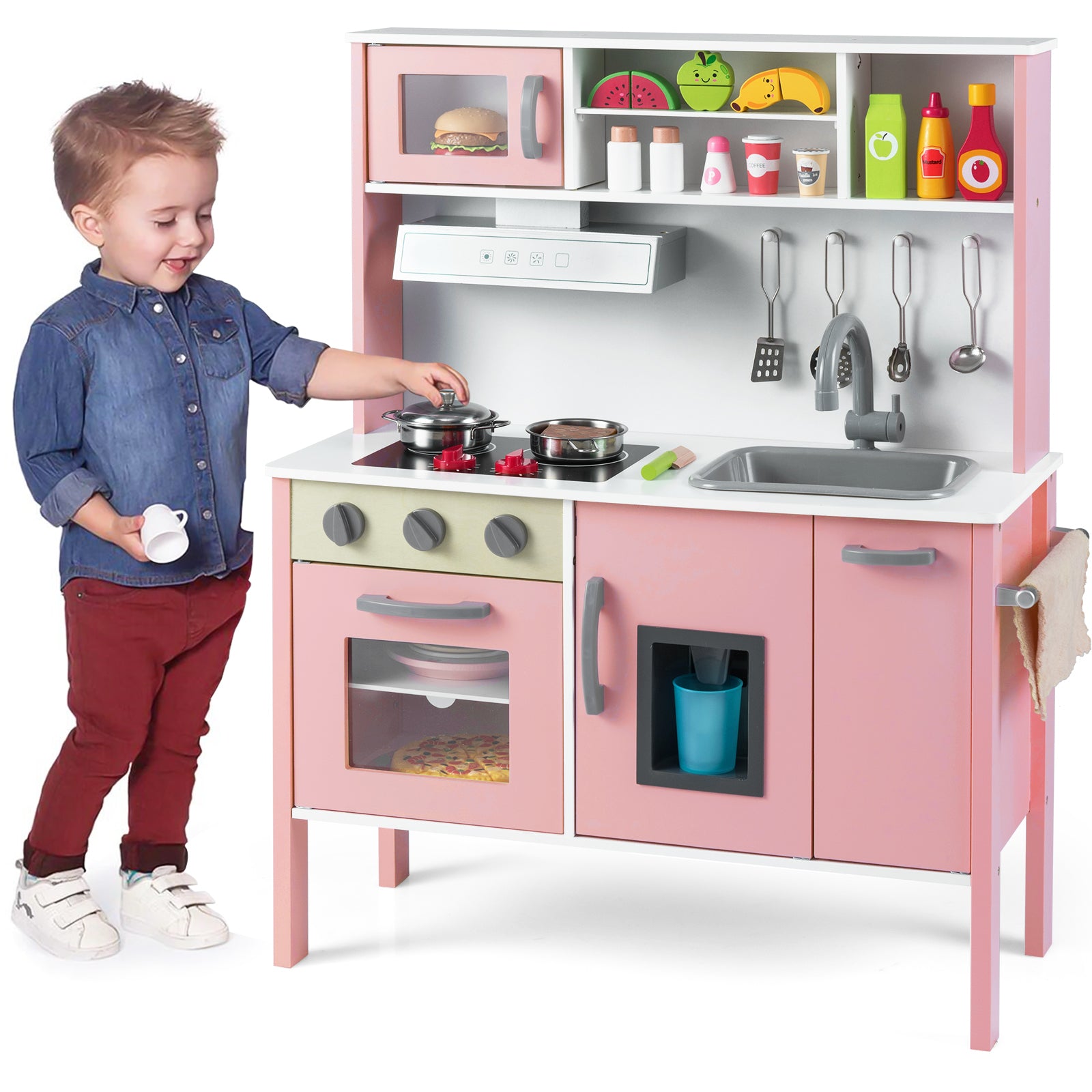 Wooden Pretend Play Kitchen Set for Toddlers-White and Pink, White & Pink Play Kitchen Sets at Gallery Canada