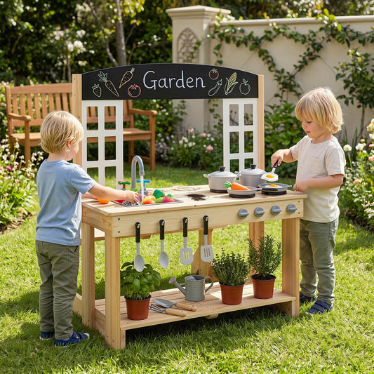 Wooden Pretend Play Kitchen with Bench and Cooking Accessories, Natural Play Kitchen Sets Natural at Gallery Canada