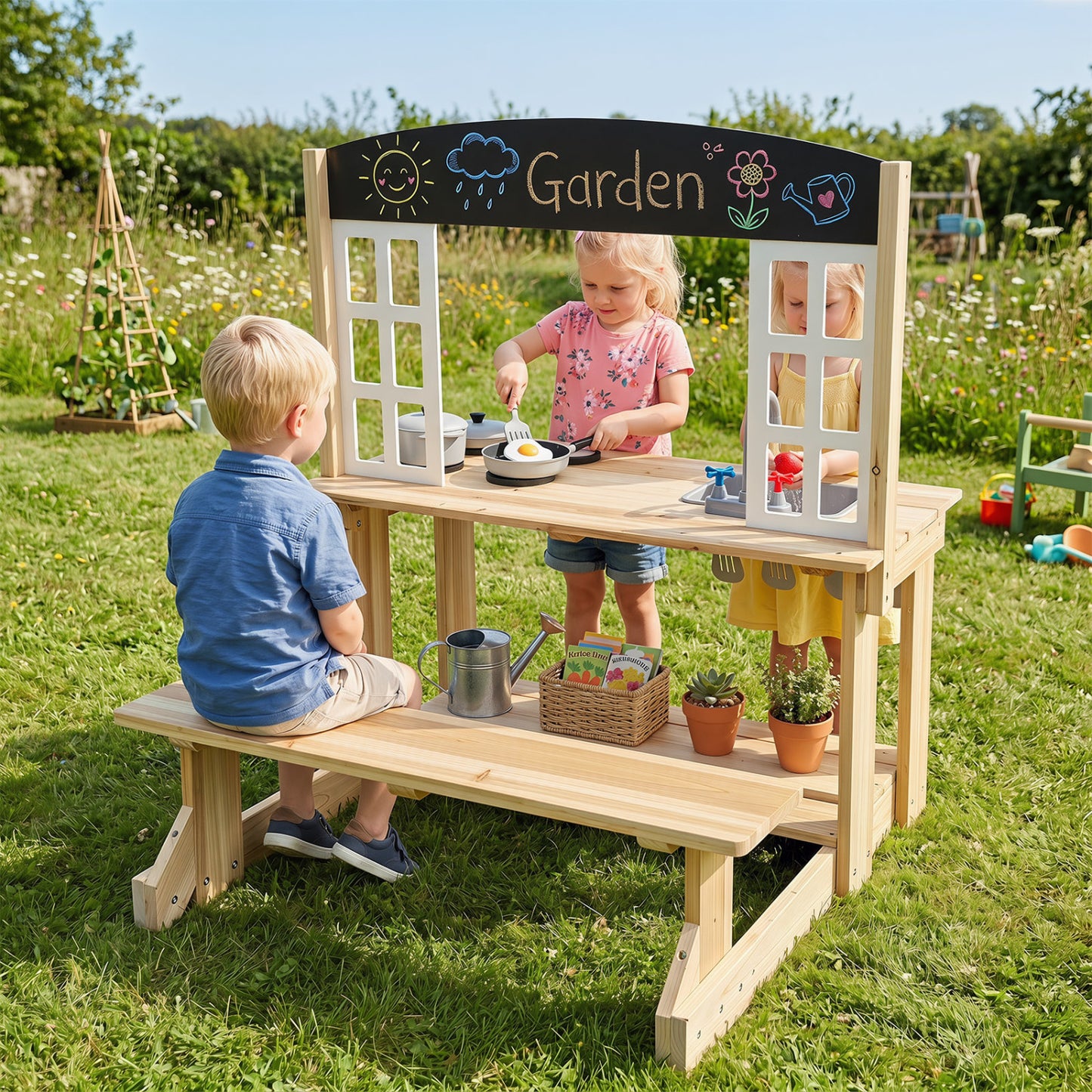 Wooden Pretend Play Kitchen with Bench and Cooking Accessories, Natural Play Kitchen Sets at Gallery Canada