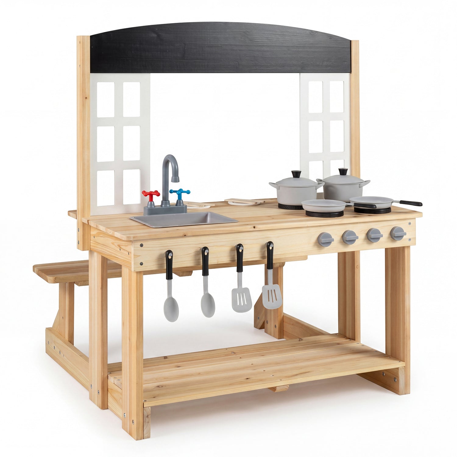 Wooden Pretend Play Kitchen with Bench and Cooking Accessories, Natural Play Kitchen Sets Natural at Gallery Canada
