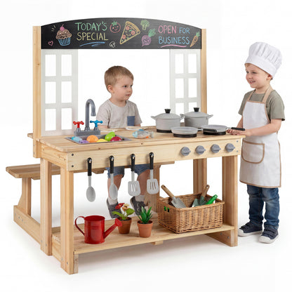Wooden Pretend Play Kitchen with Bench and Cooking Accessories, Natural Play Kitchen Sets at Gallery Canada