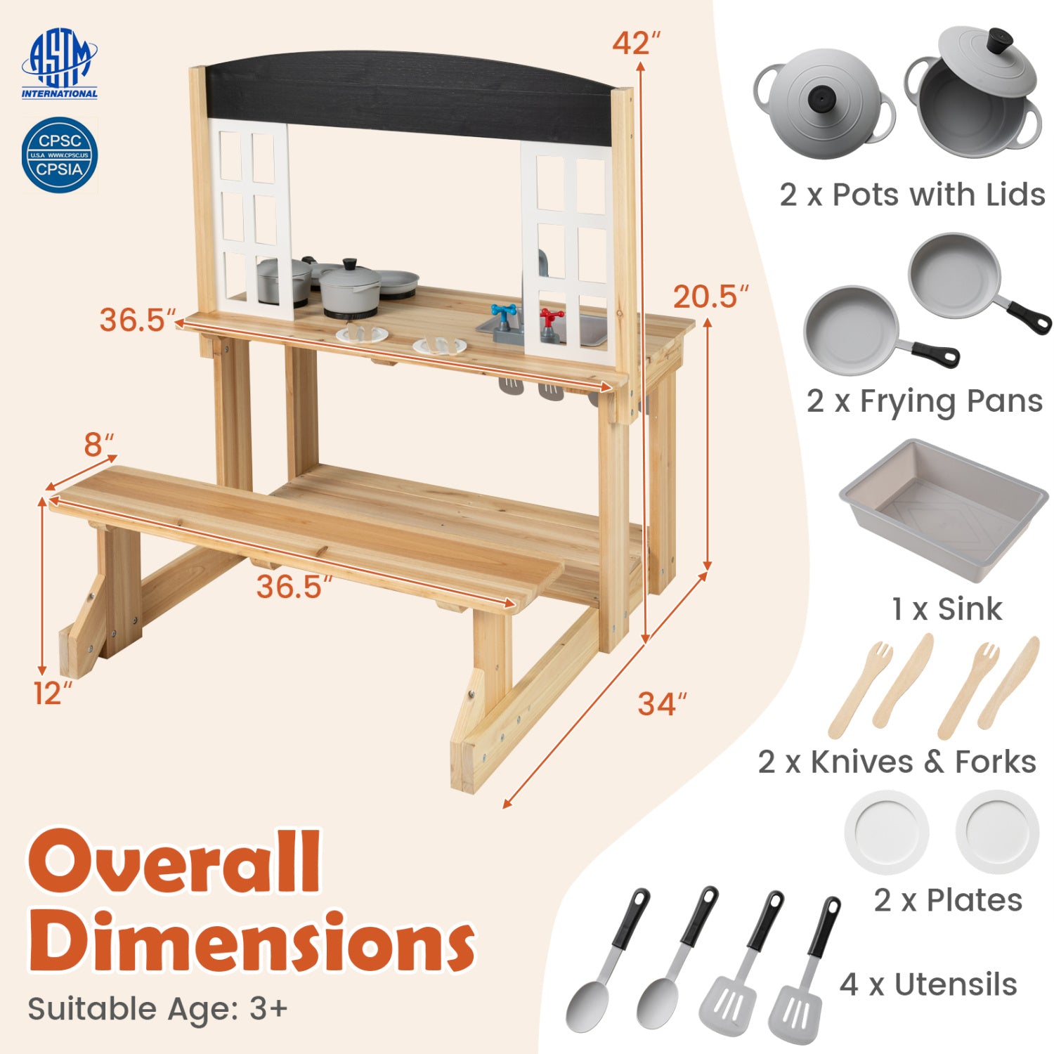 Wooden Pretend Play Kitchen with Bench and Cooking Accessories, Natural Play Kitchen Sets at Gallery Canada