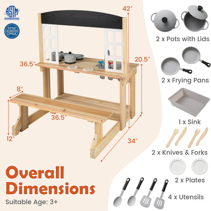 Wooden Pretend Play Kitchen with Bench and Cooking Accessories, Natural Play Kitchen Sets at Gallery Canada