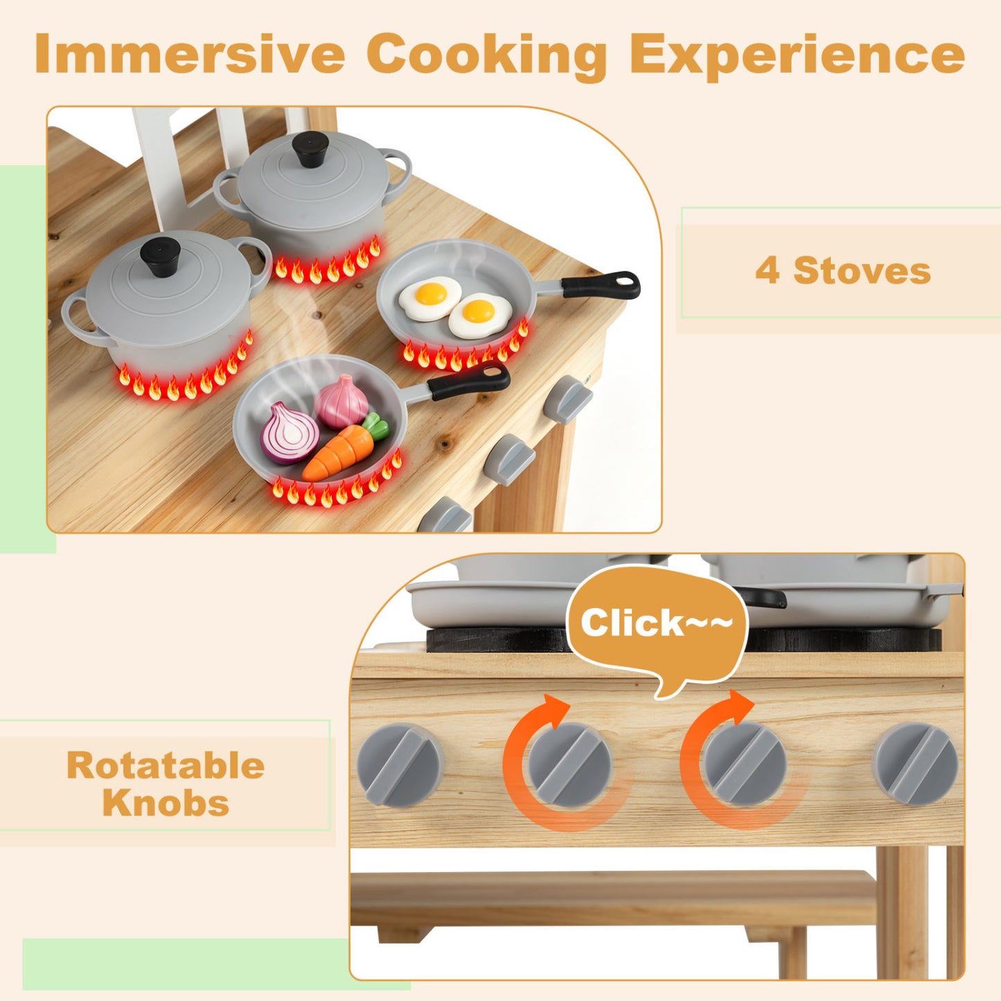 Wooden Pretend Play Kitchen with Bench and Cooking Accessories, Natural Play Kitchen Sets at Gallery Canada
