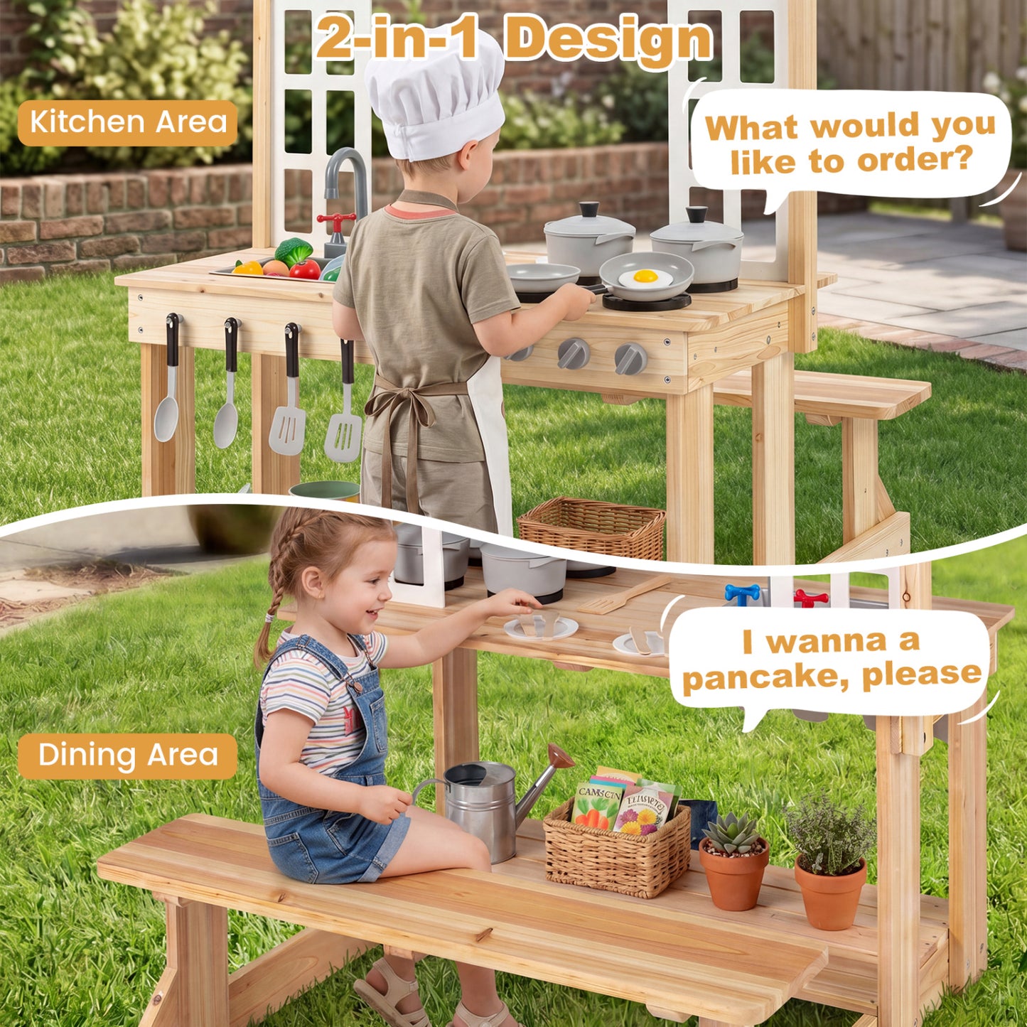 Wooden Pretend Play Kitchen with Bench and Cooking Accessories, Natural Play Kitchen Sets at Gallery Canada