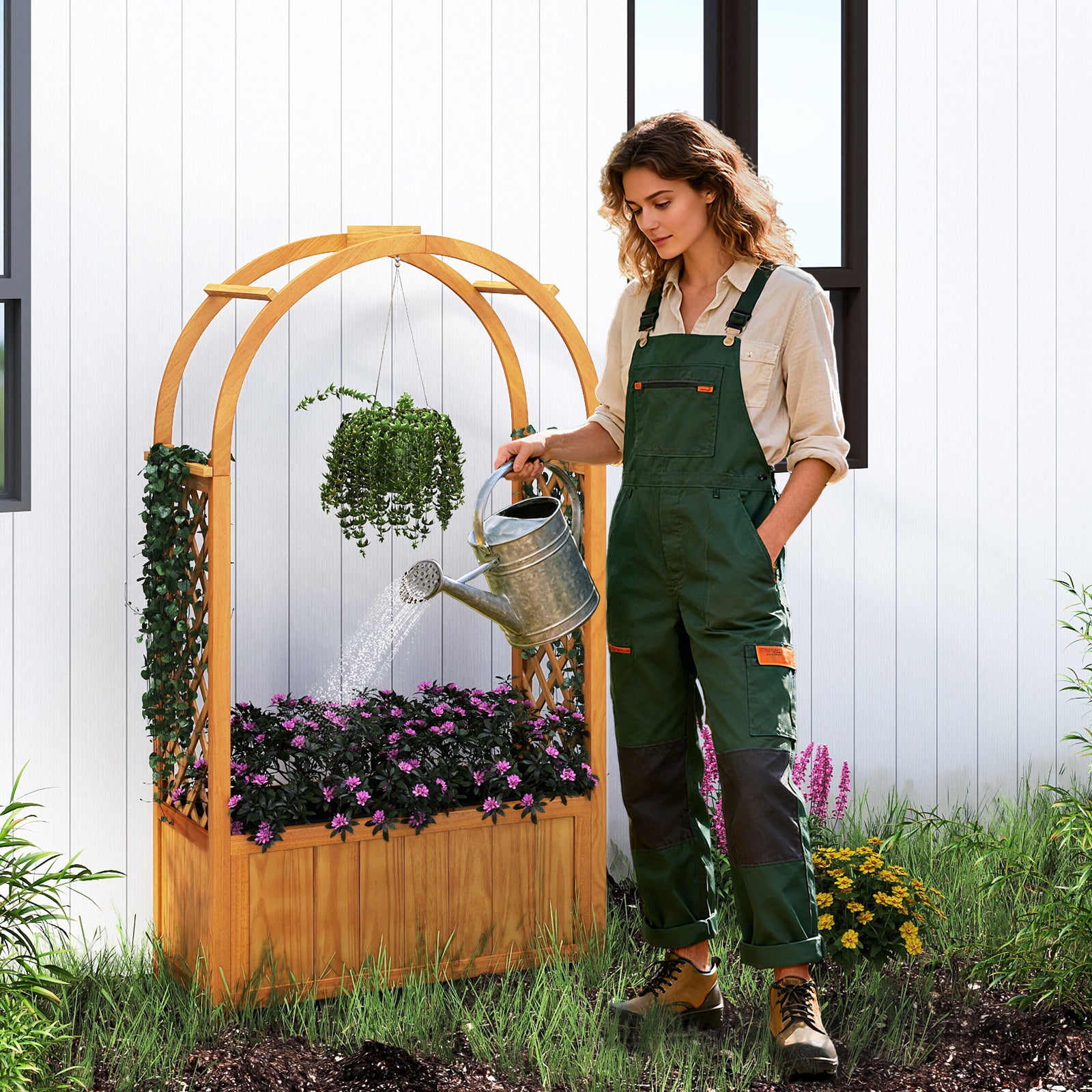 Wooden Raised Garden Bed with Lattice Trellis and Arched Roof, Orange Raised Garden Beds at Gallery Canada