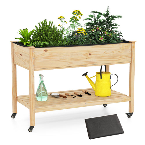 Wooden Raised Garden Bed With Legs, Lockable Wheels, Natural