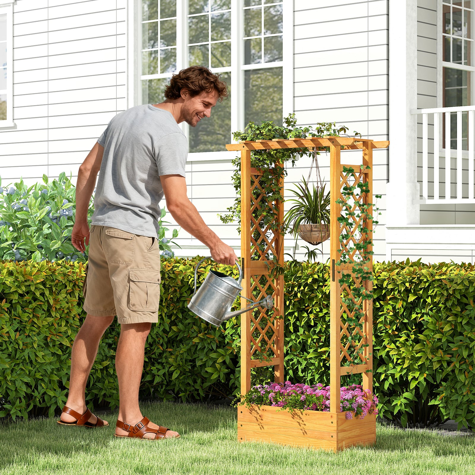 Wooden Raised Garden Bed With Lattice Trellis, Hanging Roof, Orange Raised Garden Beds at Gallery Canada