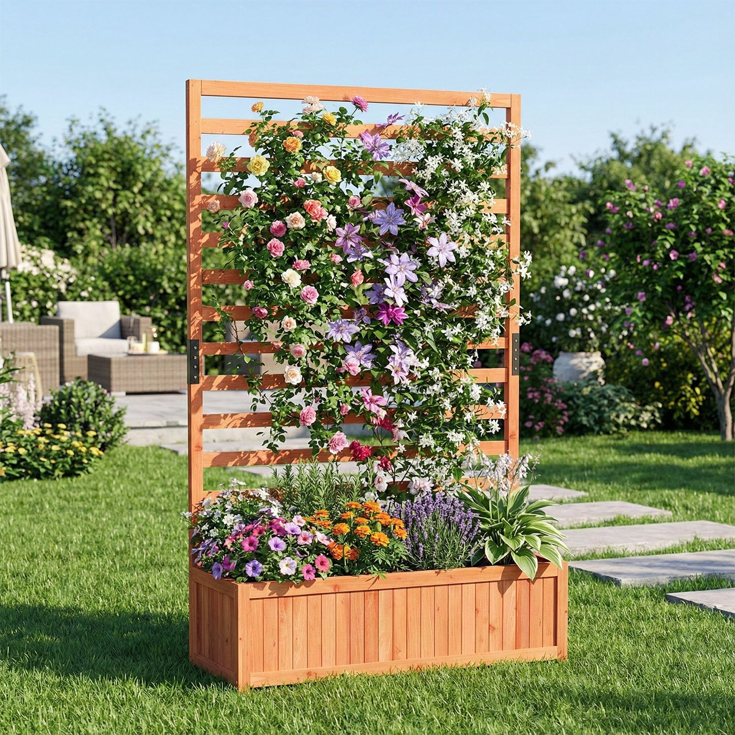 Wooden Raised Garden Bed 59 Inch Tall Elevated Planter Box with Vertical Trellis, Orange