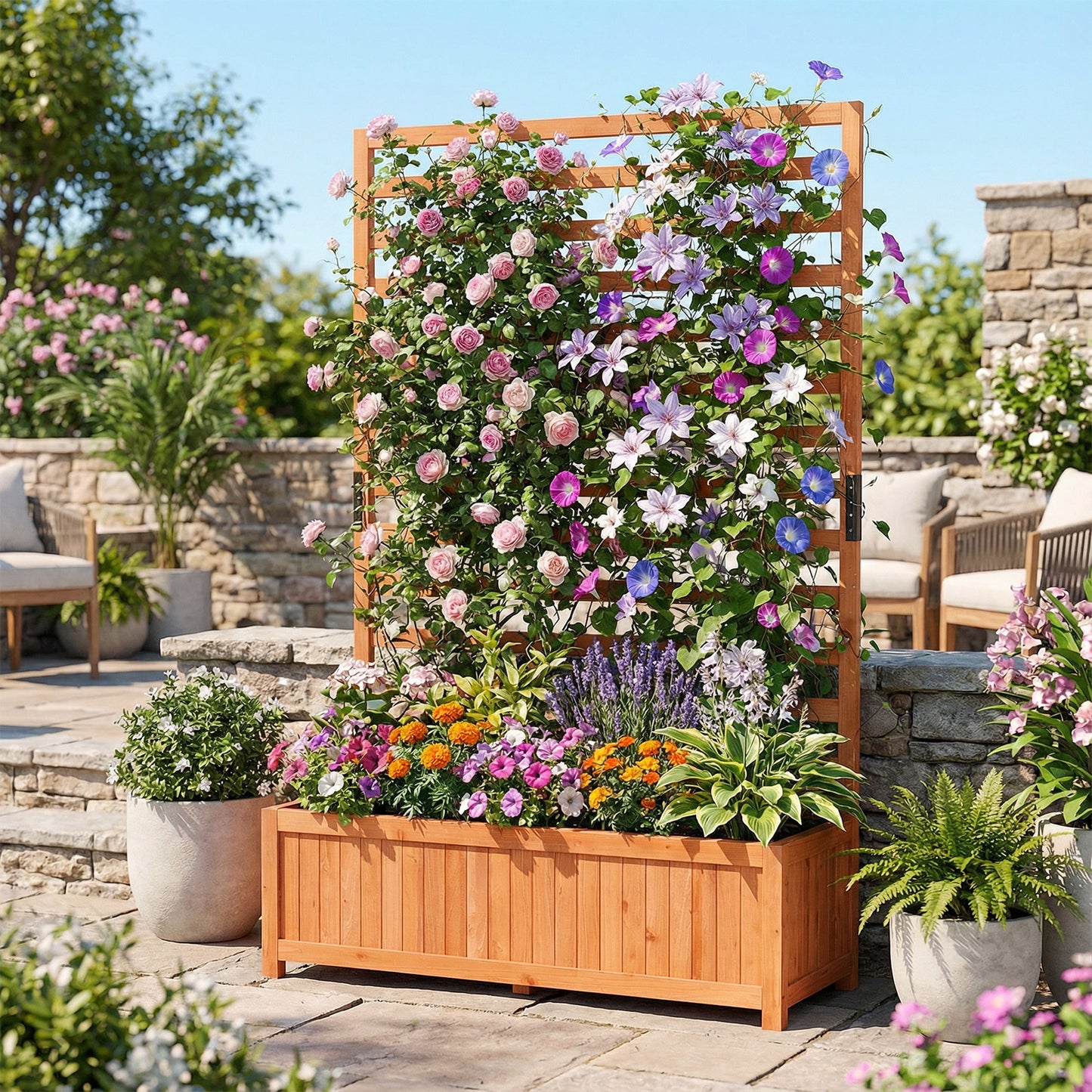 Wooden Raised Garden Bed 59 Inch Tall Elevated Planter Box with Vertical Trellis, Orange