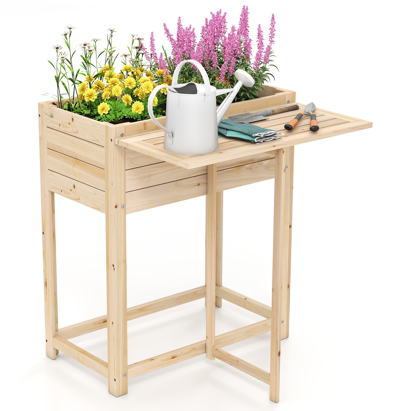 Wooden Raised Garden Bed with Legs and Foldable Side Table, Natural