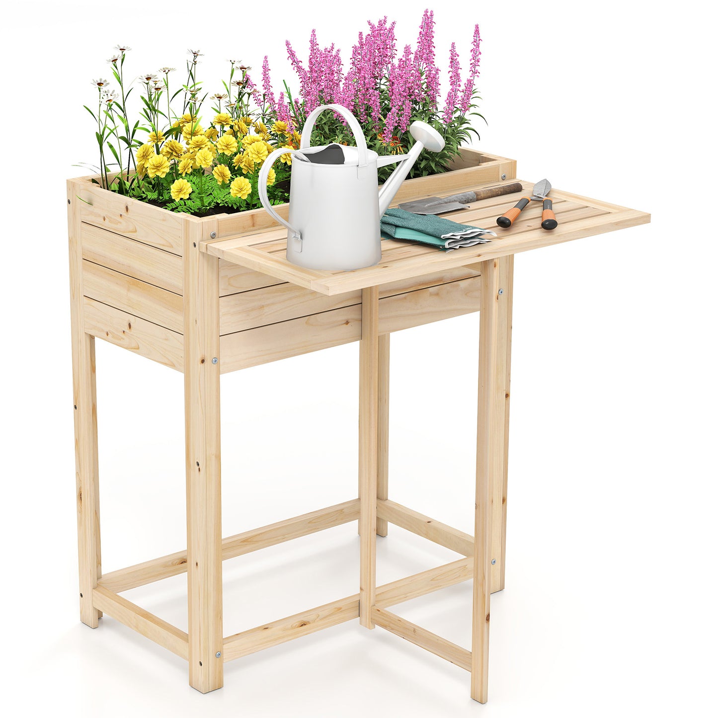 Wooden Raised Garden Bed with Legs and Foldable Side Table, Natural