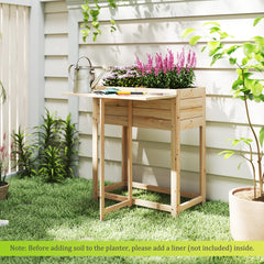 Wooden Raised Garden Bed with Legs and Foldable Side Table, Natural