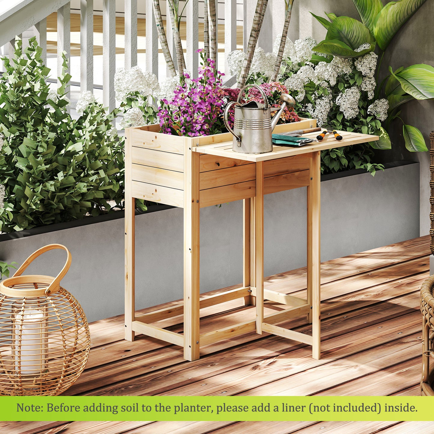 Wooden Raised Garden Bed with Legs and Foldable Side Table, Natural