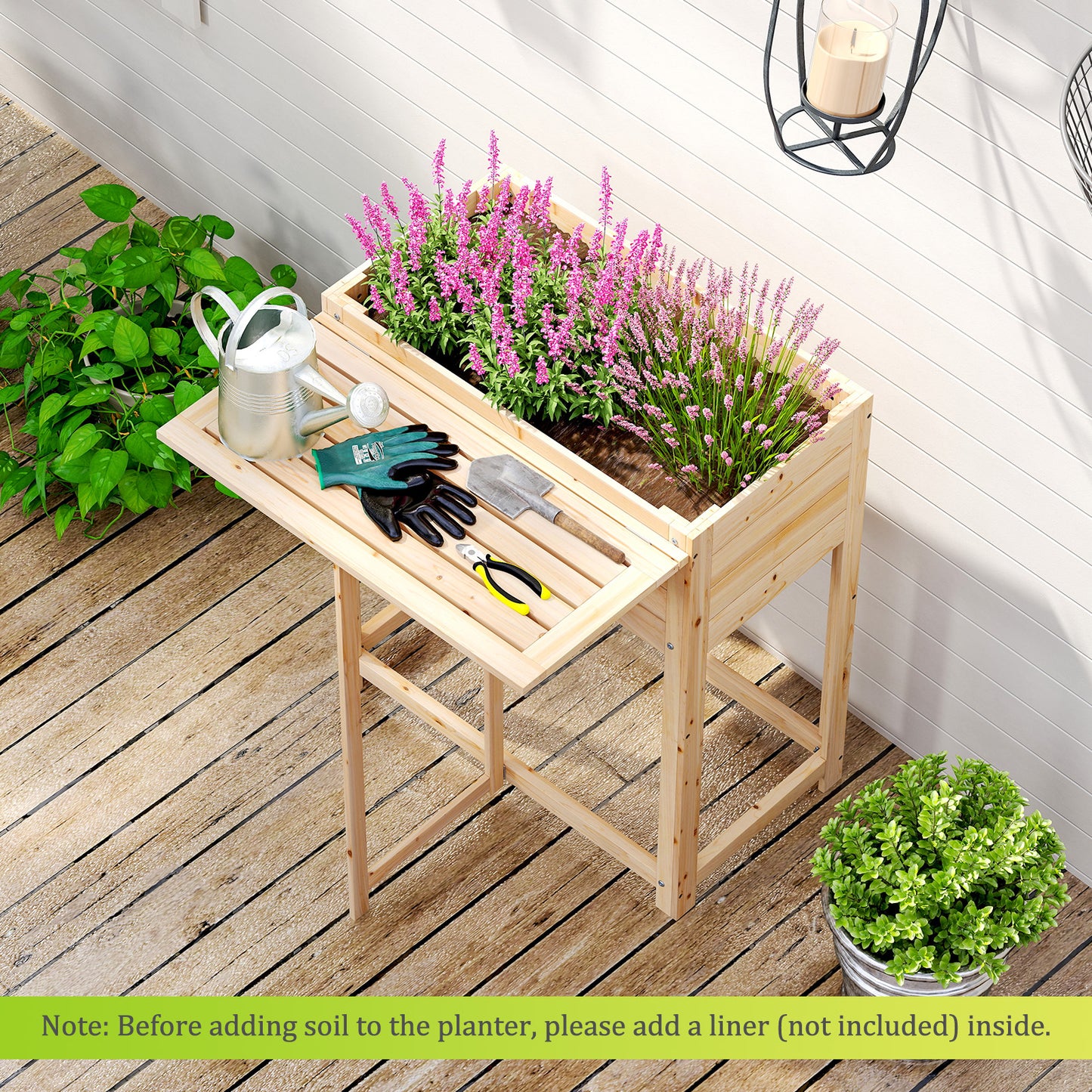 Wooden Raised Garden Bed with Legs and Foldable Side Table, Natural